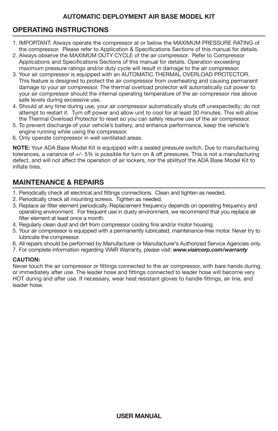 Operating instructions, Maintenance & repairs | VIAIR Constant Duty (Base Model Kit) User Manual | Page 4 / 8