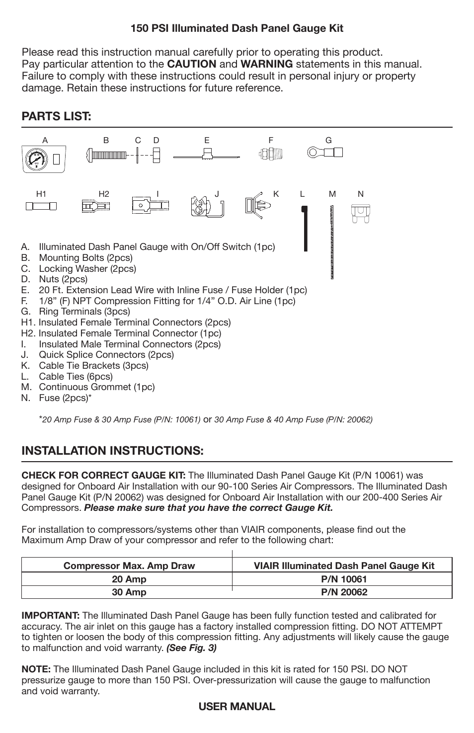 Parts list: installation instructions, 150 psi illuminated dash panel gauge kit | VIAIR Illuminated Dash Panel Gauge (10061 & 20062) User Manual | Page 3 / 8