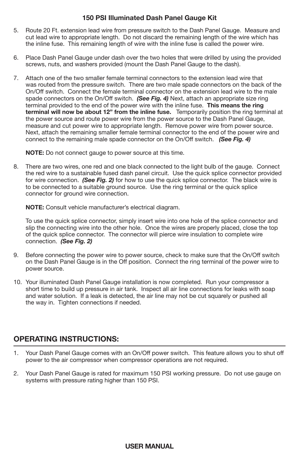Operating instructions | VIAIR Illuminated Dash Panel Gauge (10061 & 20062) User Manual | Page 5 / 8
