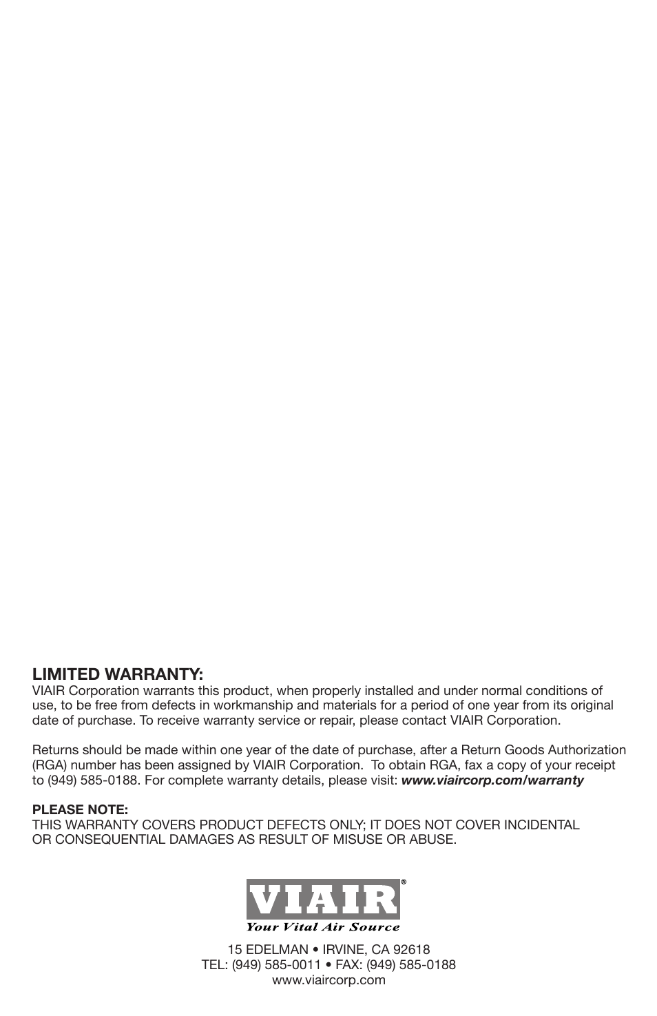 Limited warranty | VIAIR Illuminated Dash Panel Gauge (10061 & 20062) User Manual | Page 8 / 8