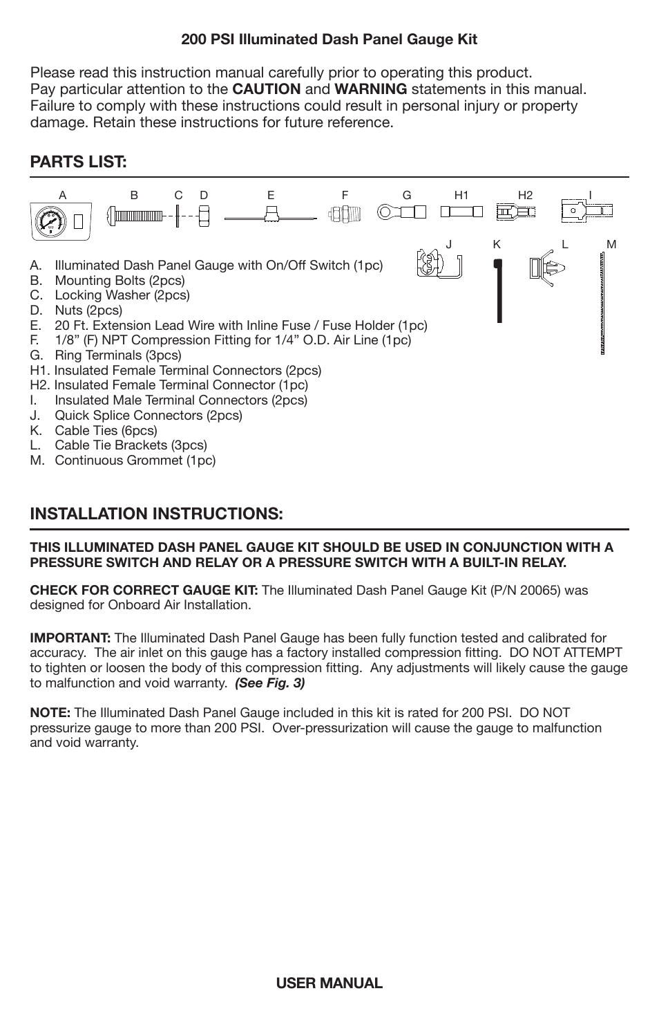 Parts list: installation instructions, 200 psi illuminated dash panel gauge kit | VIAIR Illuminated Dash Panel Gauge (20065) User Manual | Page 3 / 8