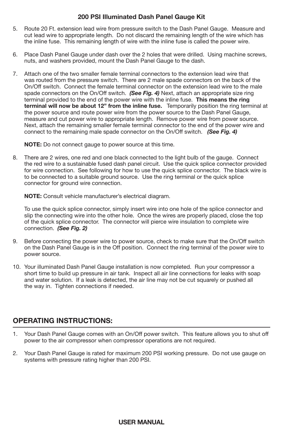 Operating instructions | VIAIR Illuminated Dash Panel Gauge (20065) User Manual | Page 5 / 8