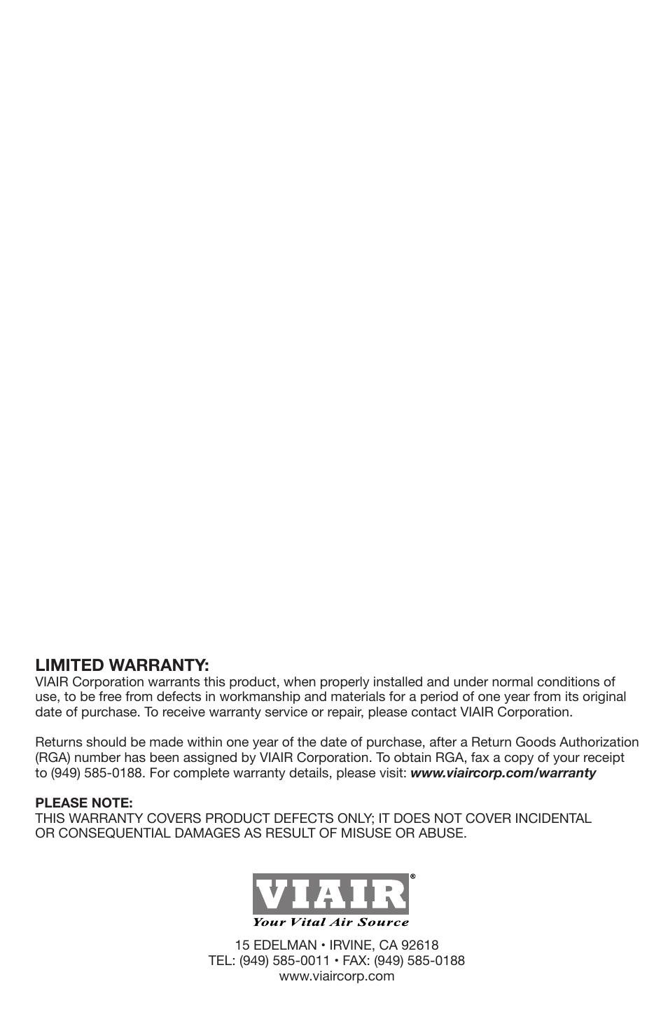 Limited warranty | VIAIR Air Tank 1.0 Gallon User Manual | Page 4 / 4