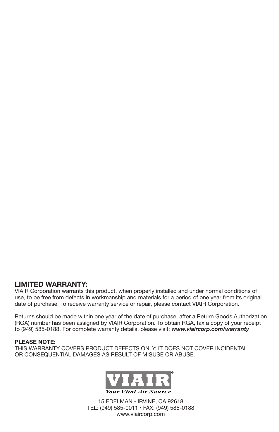 Limited warranty | VIAIR Onboard Air Hookup Kit User Manual | Page 10 / 10