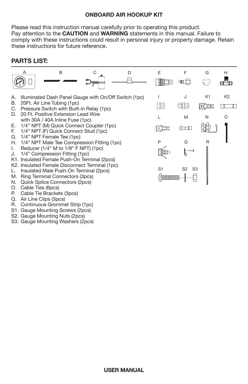 Parts list, Onboard air hookup kit | VIAIR Onboard Air Hookup Kit User Manual | Page 2 / 10