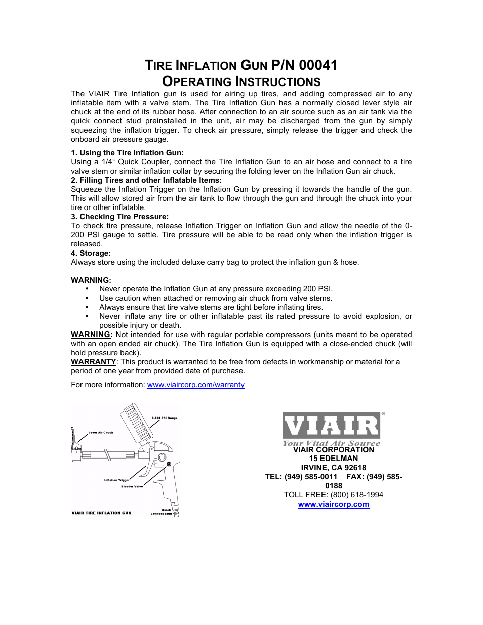 VIAIR Tire Inflation Gun (00041) User Manual | 1 page