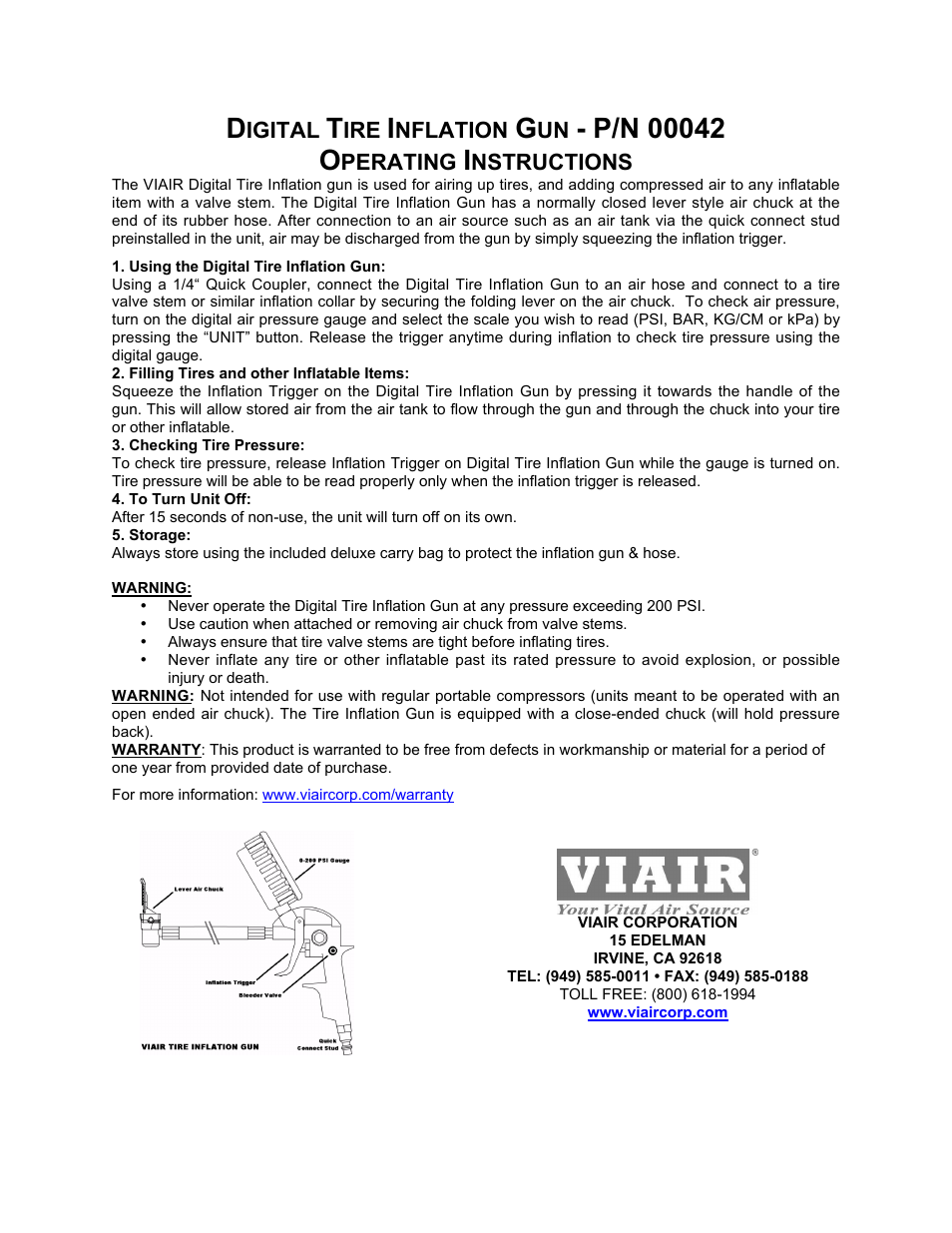 VIAIR Tire Inflation Gun Digital (00042) User Manual | 1 page