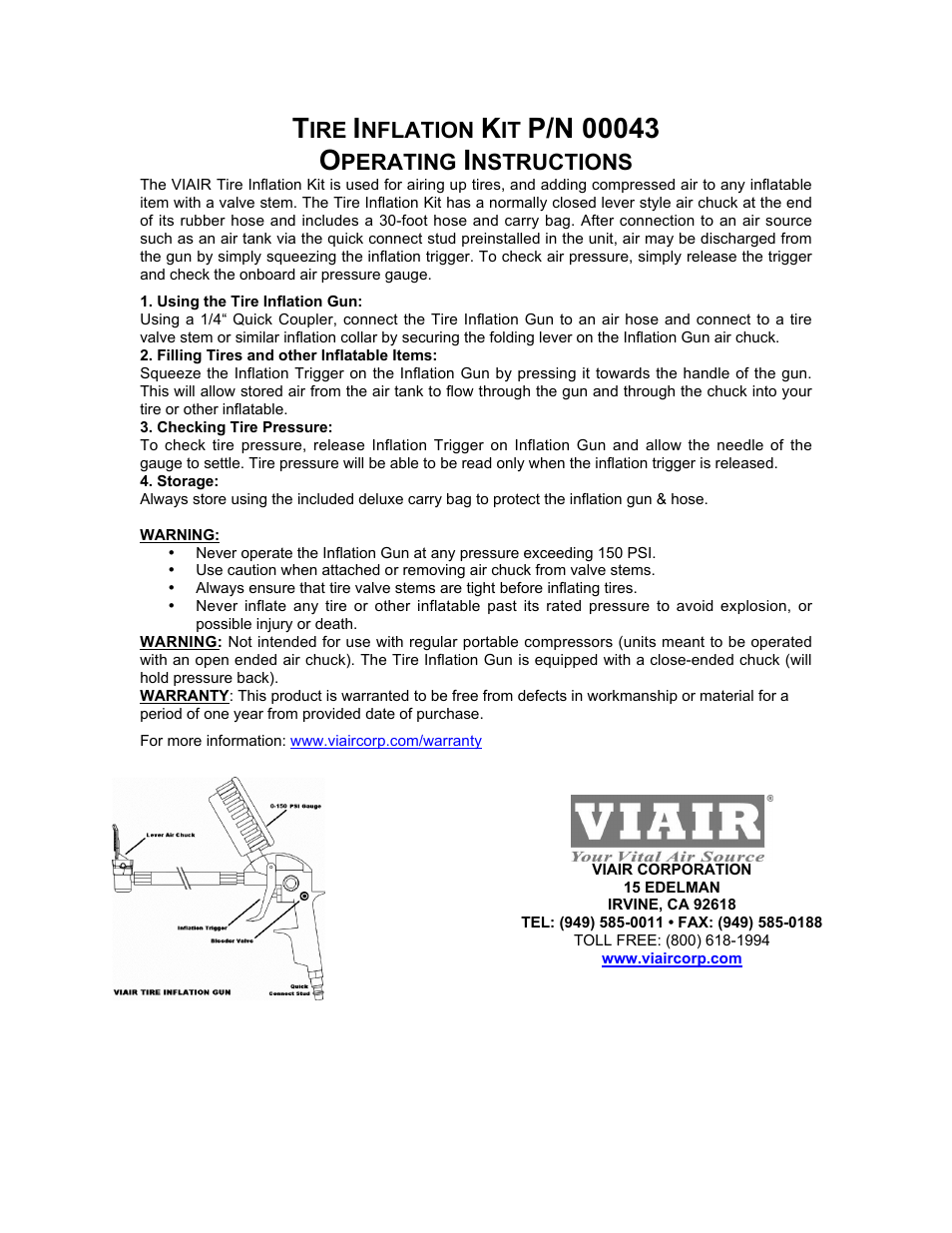 VIAIR Tire Inflation Kit (00043) User Manual | 1 page