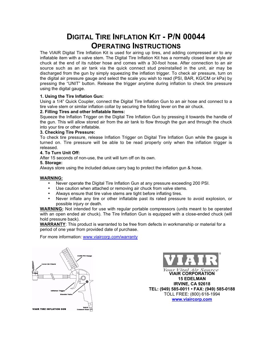 VIAIR Tire Inflation Kit Digital (00044) User Manual | 1 page