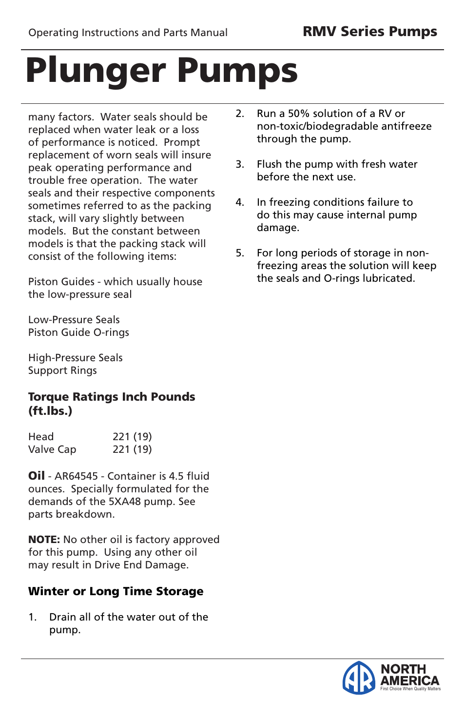 Plunger pumps, Rmv series pumps, North america | Vortexx RMV Series User Manual | Page 10 / 15