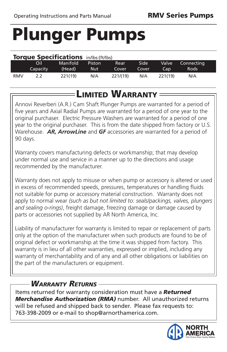 Plunger pumps, Imited, Arranty | Rmv series pumps | Vortexx RMV Series User Manual | Page 15 / 15