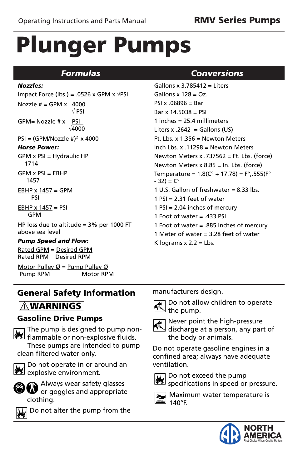 Plunger pumps, Rmv series pumps, Warnings | North america | Vortexx RMV Series User Manual | Page 4 / 15