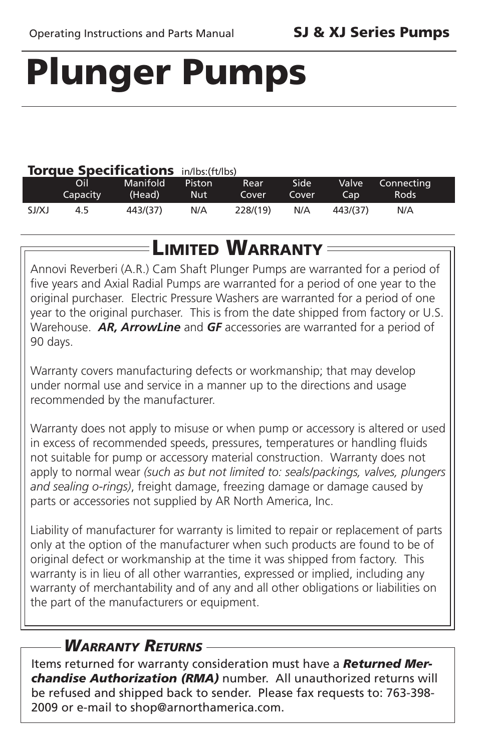Plunger pumps, Imited, Arranty | Sj & xj series pumps | Vortexx SJ & XJ Series User Manual | Page 18 / 18
