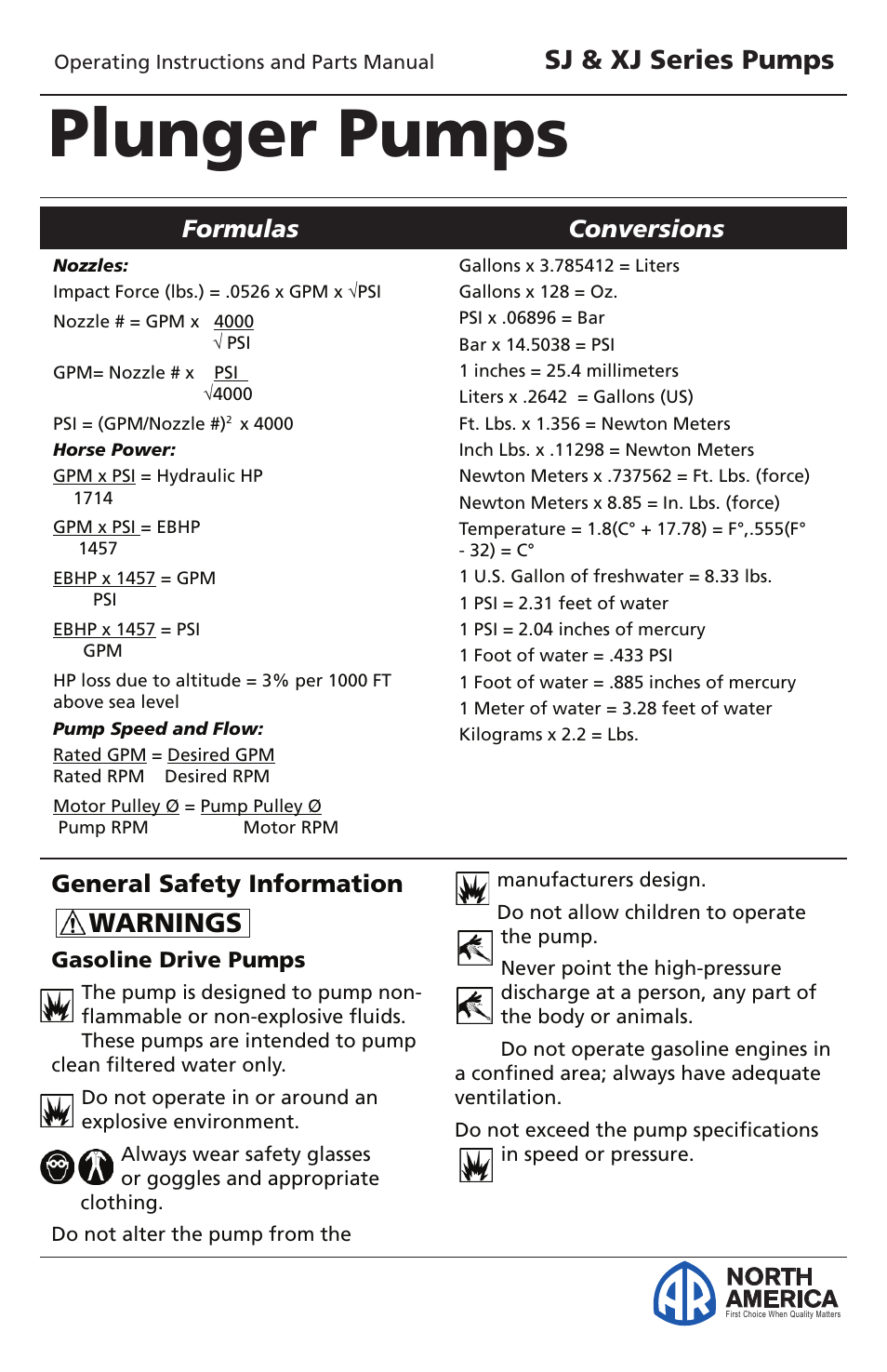 Plunger pumps, Sj & xj series pumps, Warnings | North america | Vortexx SJ & XJ Series User Manual | Page 4 / 18