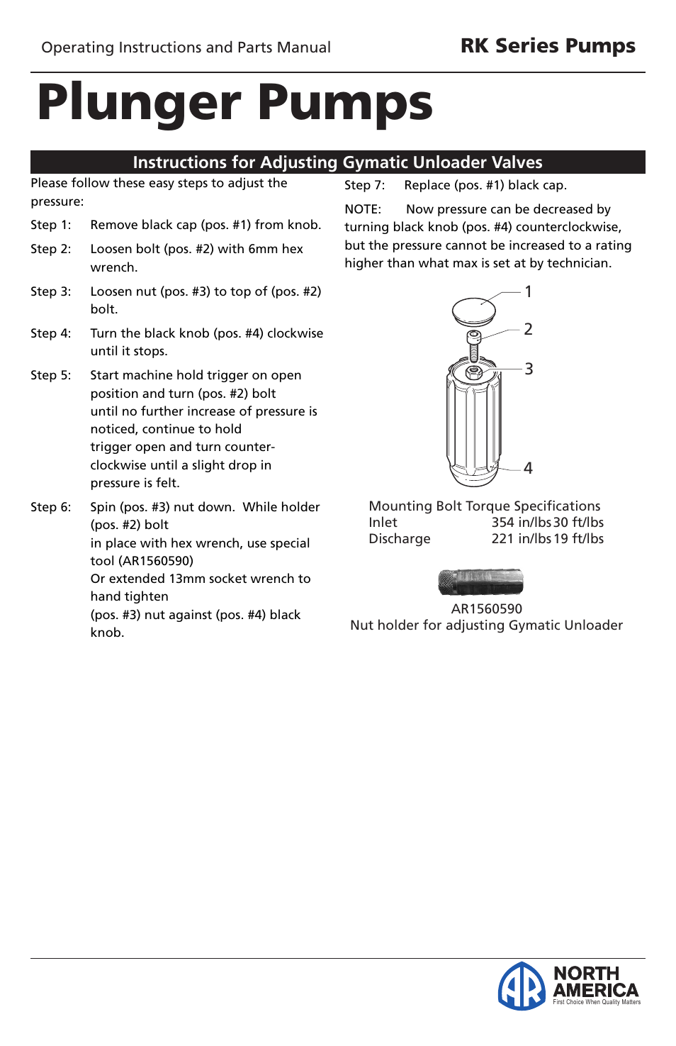 Plunger pumps, Rk series pumps, North america | Instructions for adjusting gymatic unloader valves | Vortexx RK Series User Manual | Page 20 / 21