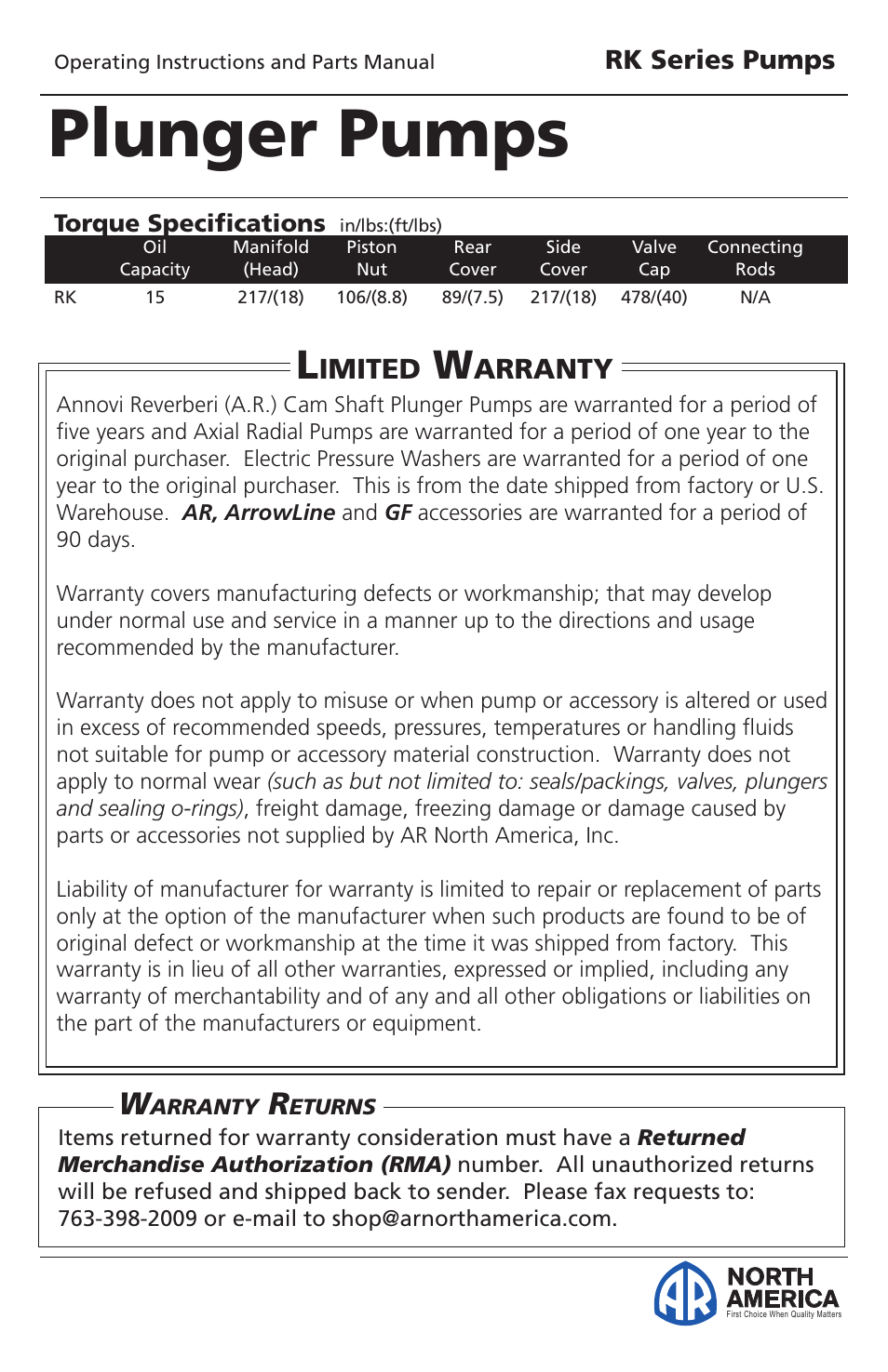Plunger pumps, Imited, Arranty | Rk series pumps | Vortexx RK Series User Manual | Page 21 / 21