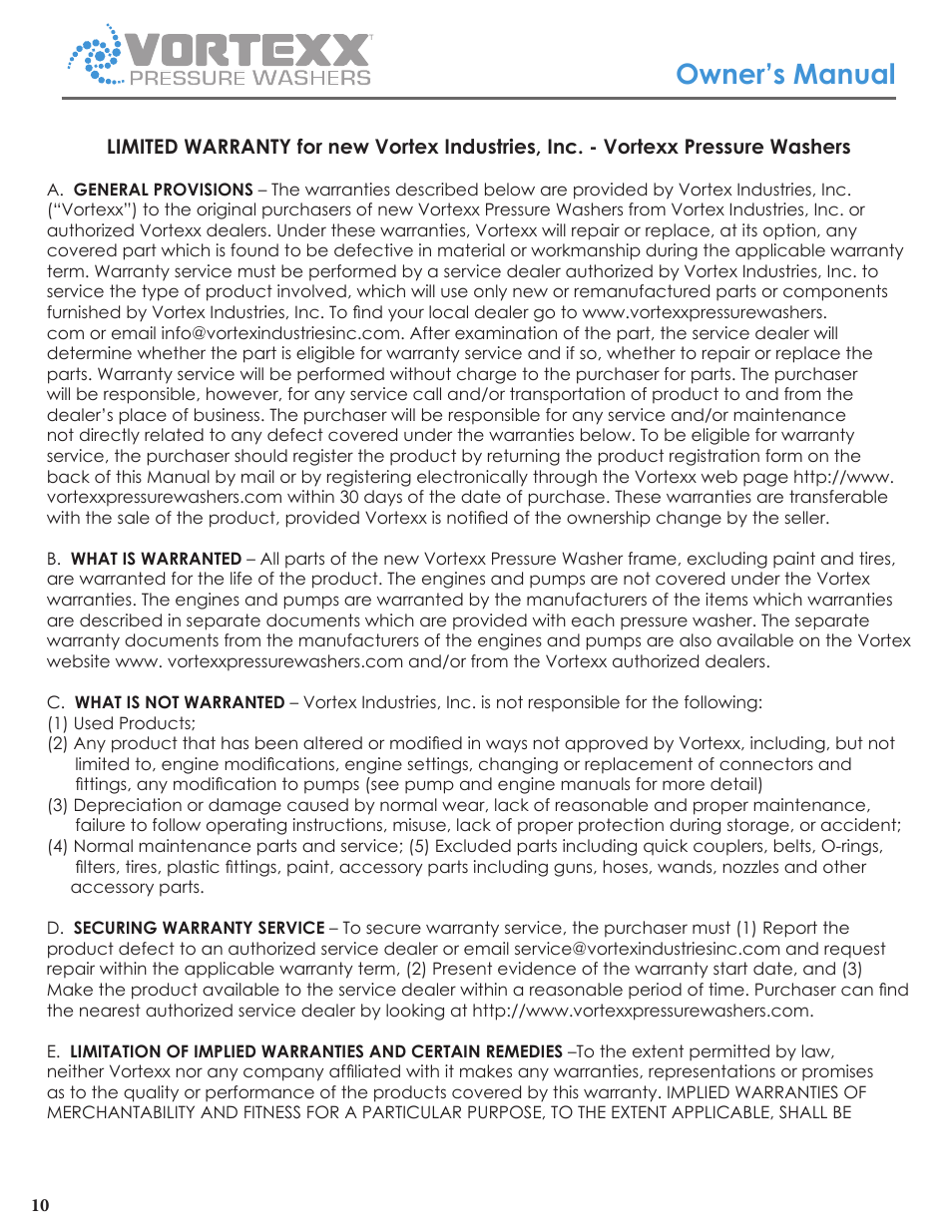 Owner’s manual | Vortexx Pressure washers User Manual | Page 10 / 12