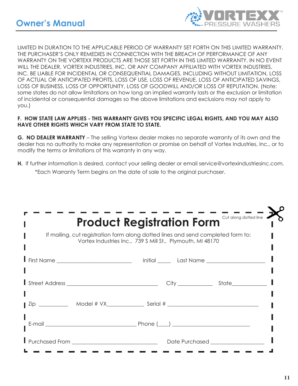 Product registration form, Owner’s manual | Vortexx Pressure washers User Manual | Page 11 / 12