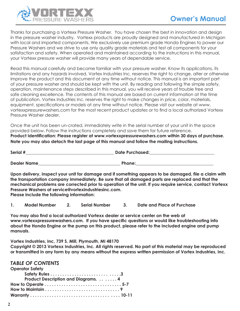 Owner’s manual | Vortexx Pressure washers User Manual | Page 2 / 12