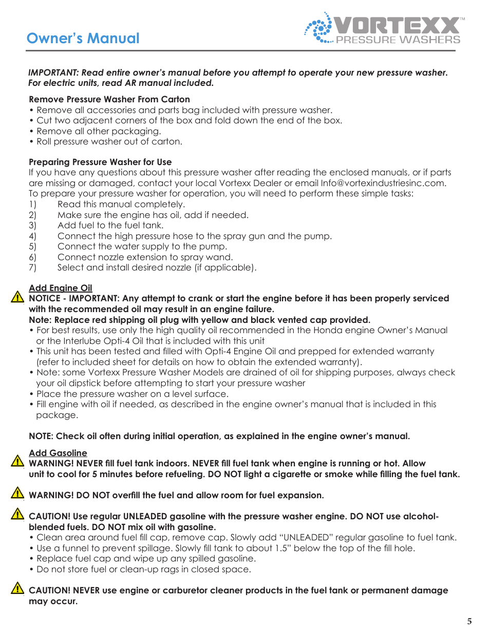 Owner’s manual | Vortexx Pressure washers User Manual | Page 5 / 12