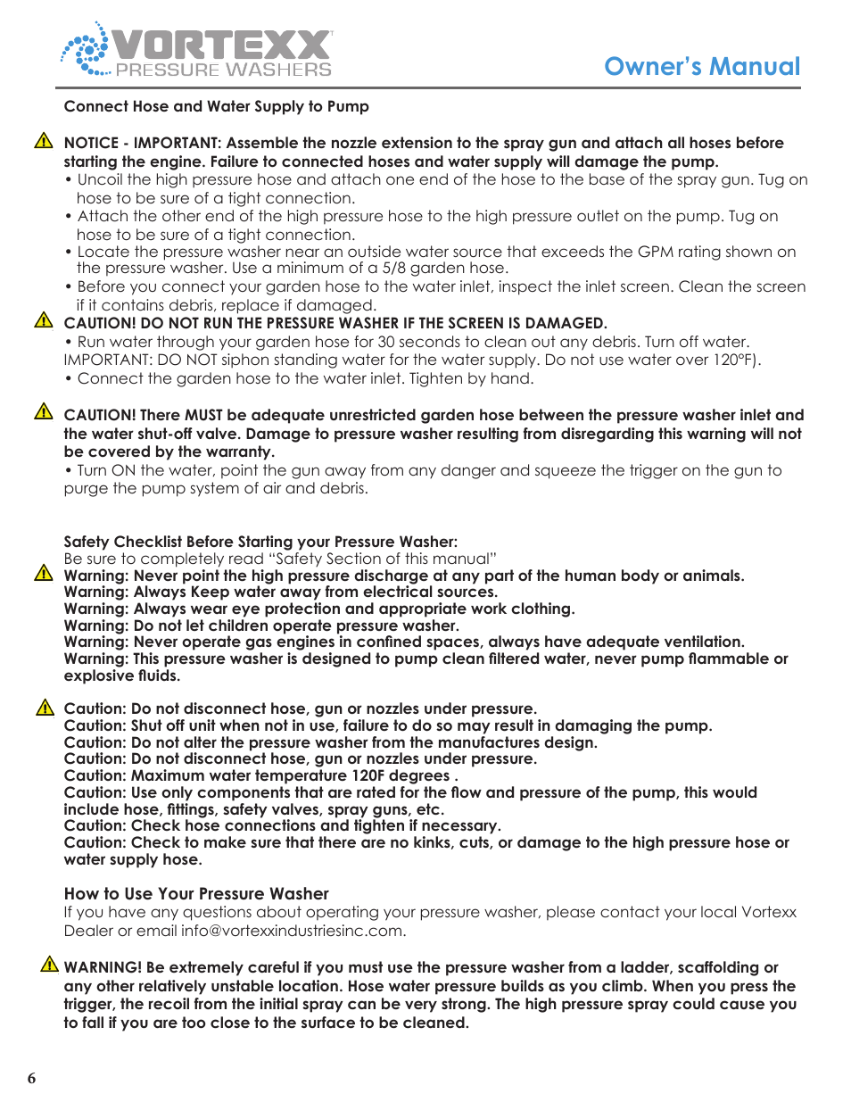 Owner’s manual | Vortexx Pressure washers User Manual | Page 6 / 12