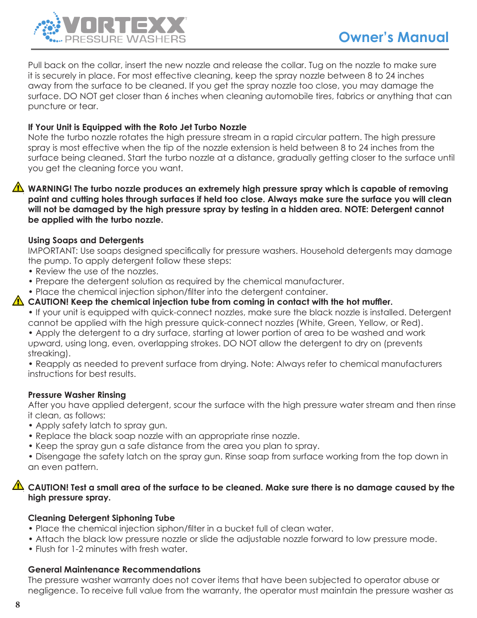 Owner’s manual | Vortexx Pressure washers User Manual | Page 8 / 12