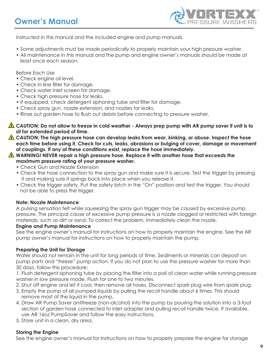 Owner’s manual | Vortexx Pressure washers User Manual | Page 9 / 12