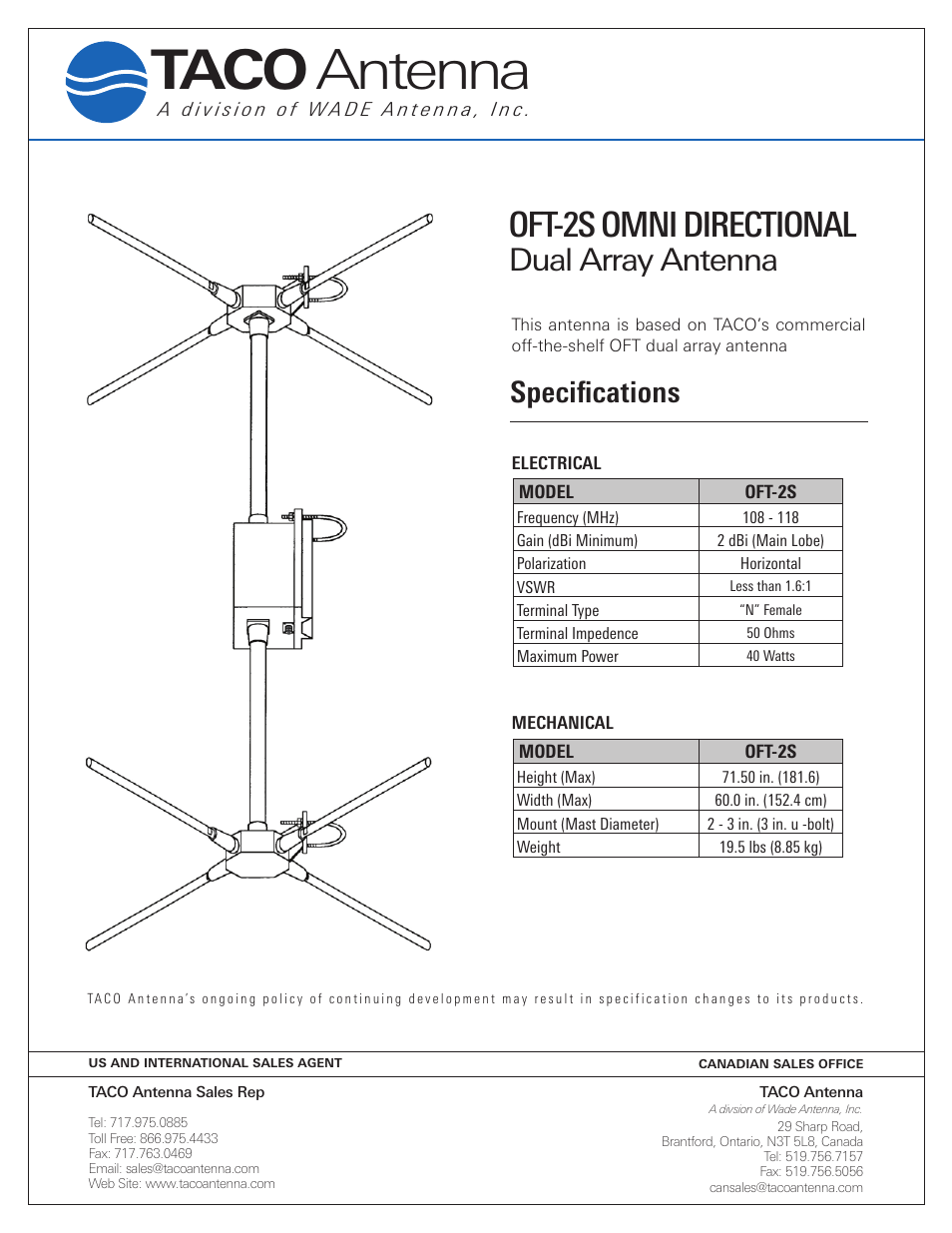Antenna, Taco, Oft-2s | Oft-2s omni directional, Dual array antenna, Specifications, Omni-directional, Communications, inc | Wade Antenna OFT-2M User Manual | Page 2 / 4