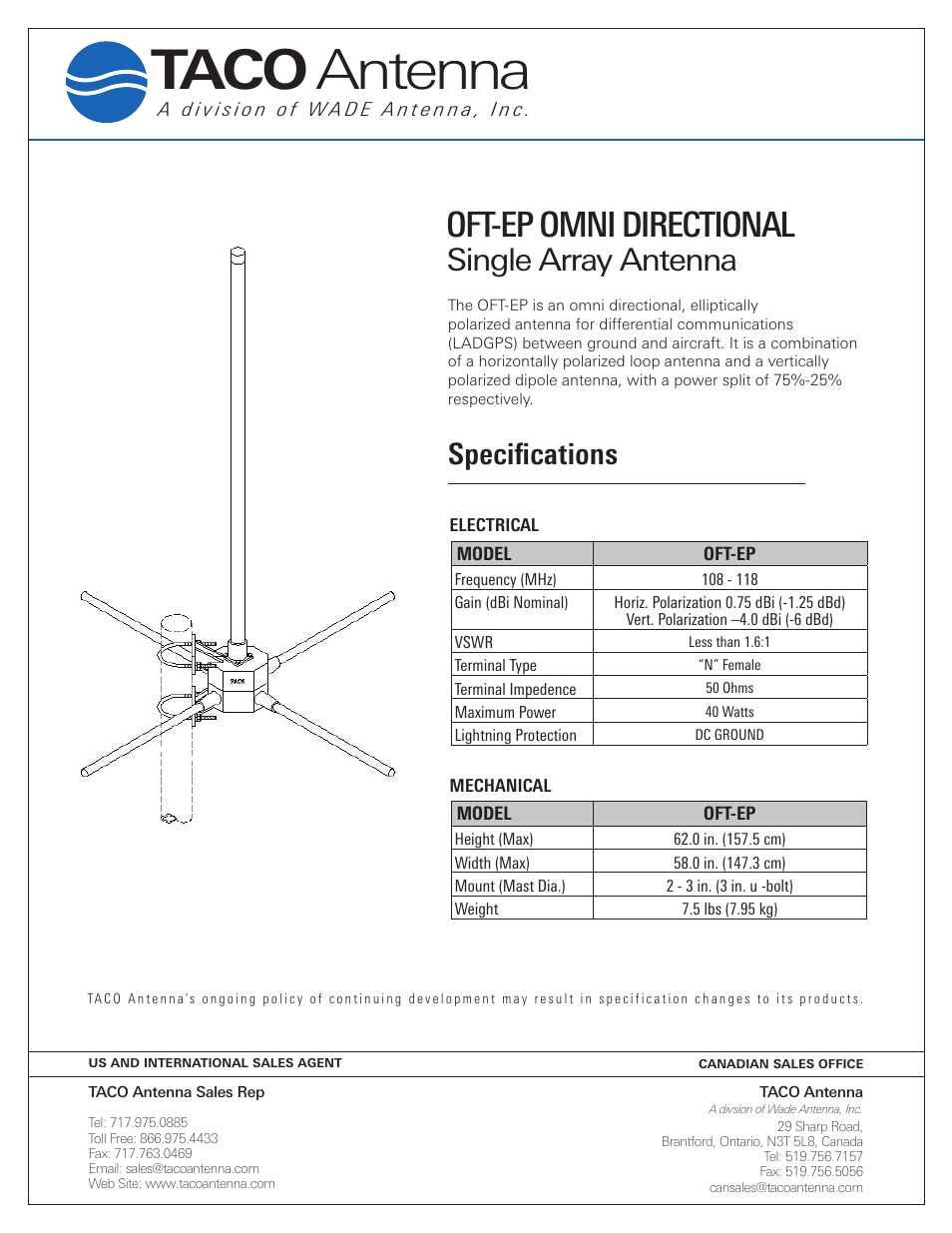Antenna, Taco, Oft-ep | Omni-directional antenna, Oft-ep omni directional, Single array antenna, Specifications, Electrical, Mechanical, Taco communications, inc | Wade Antenna OFT-2M User Manual | Page 3 / 4