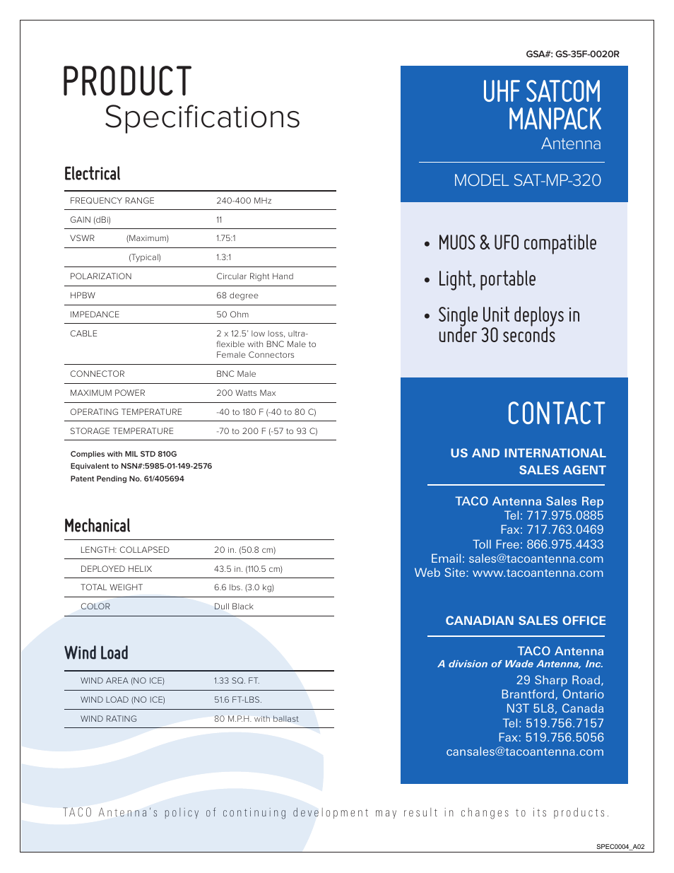 Product, Contact, Uhf satcom manpack | Specifications, Mechanical, Wind load, Electrical, Model sat-mp-320 antenna | Wade Antenna SAT-MP-320 User Manual | Page 2 / 2
