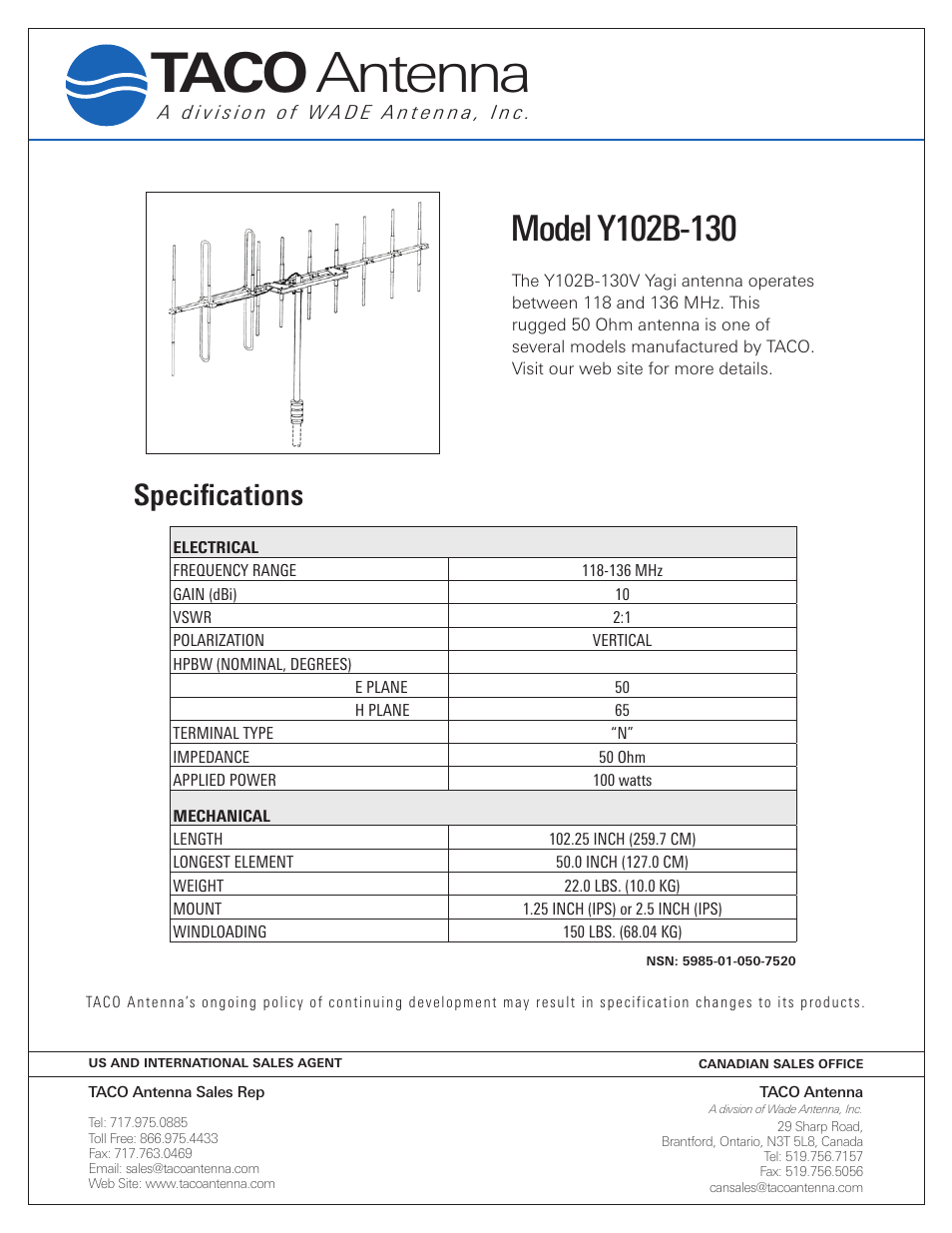 Wade Antenna Y102B-130V User Manual | 1 page