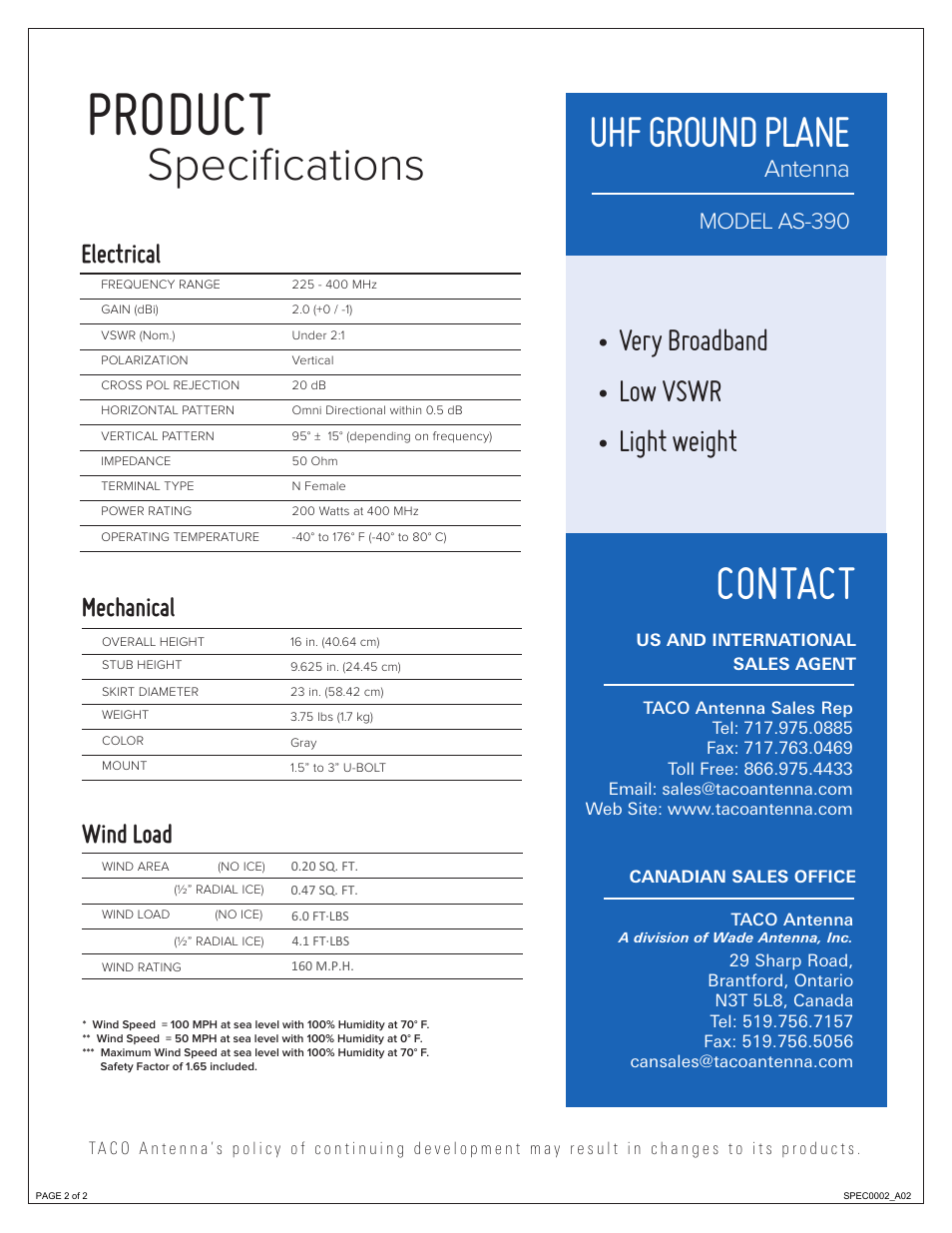Product, Contact, Specifications uhf ground plane | Very broadband • low vswr • light weight, Mechanical, Wind load, Electrical, Antenna, Model as-390 | Wade Antenna AS-390 User Manual | Page 2 / 2