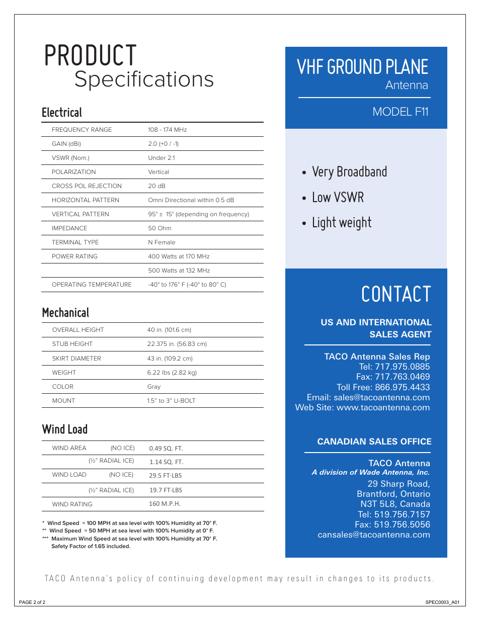 Product, Contact, Specifications vhf ground plane | Very broadband • low vswr • light weight, Mechanical, Wind load, Electrical, Model f11 antenna | Wade Antenna F11 User Manual | Page 2 / 2