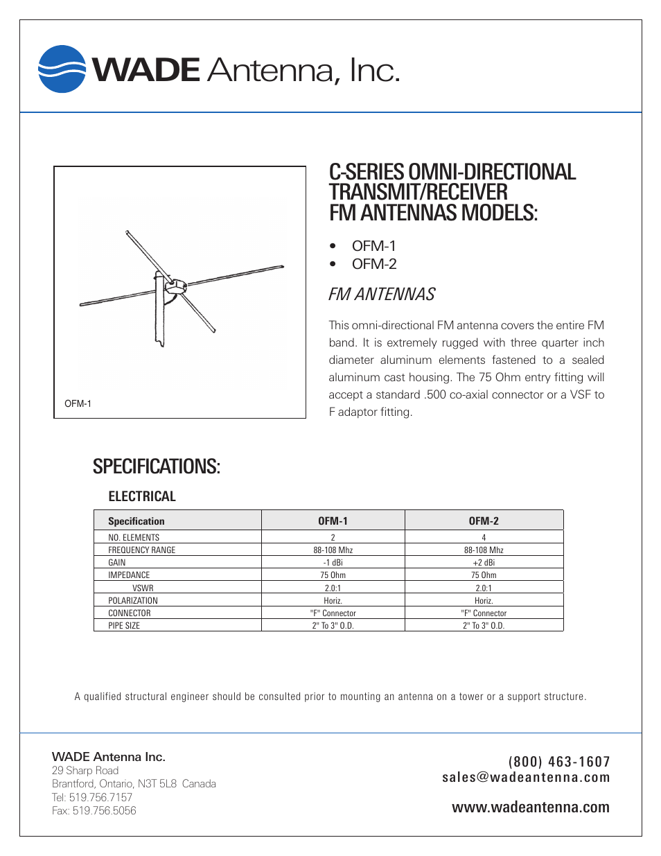 Wade Antenna OFM-2 User Manual | 2 pages