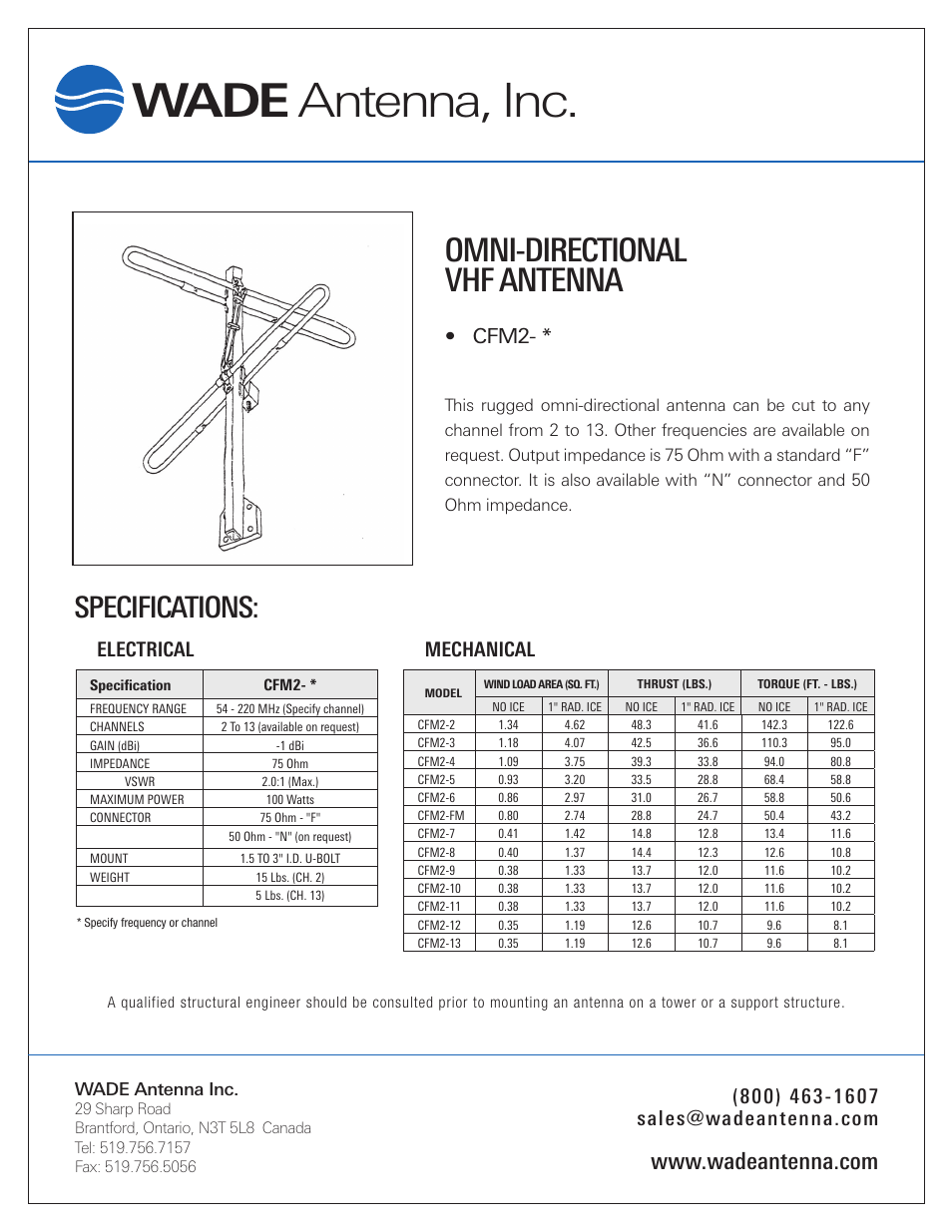 Antenna, inc, Wade, Omni-directional vhf antenna | Specifications, Cfm2, Electrical, Mechanical, Wade antenna inc | Wade Antenna OFM-2 User Manual | Page 2 / 2