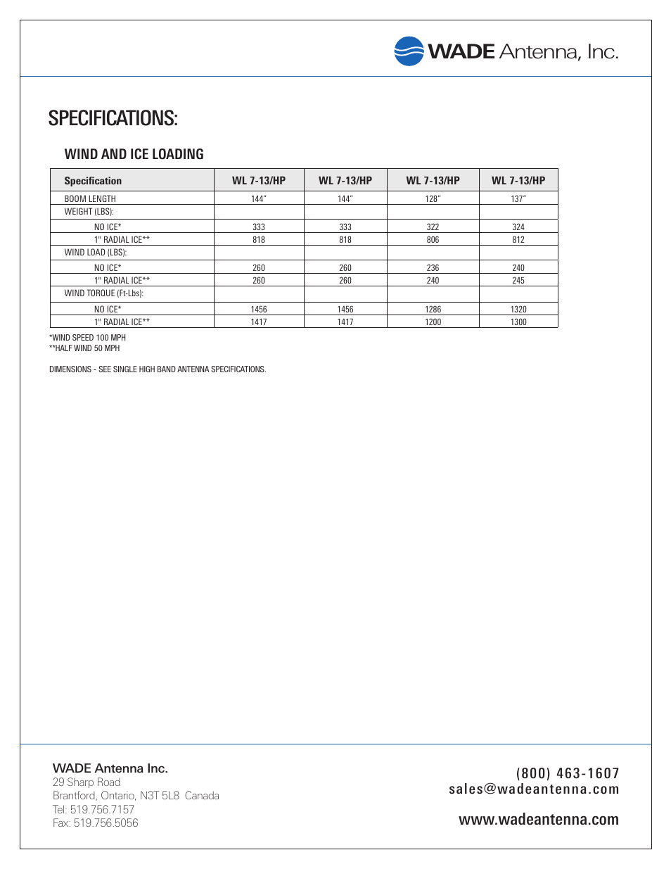 Specifications, Wade antenna, inc, Wind and ice loading | Wade Antenna WL6-FM_HP User Manual | Page 2 / 2