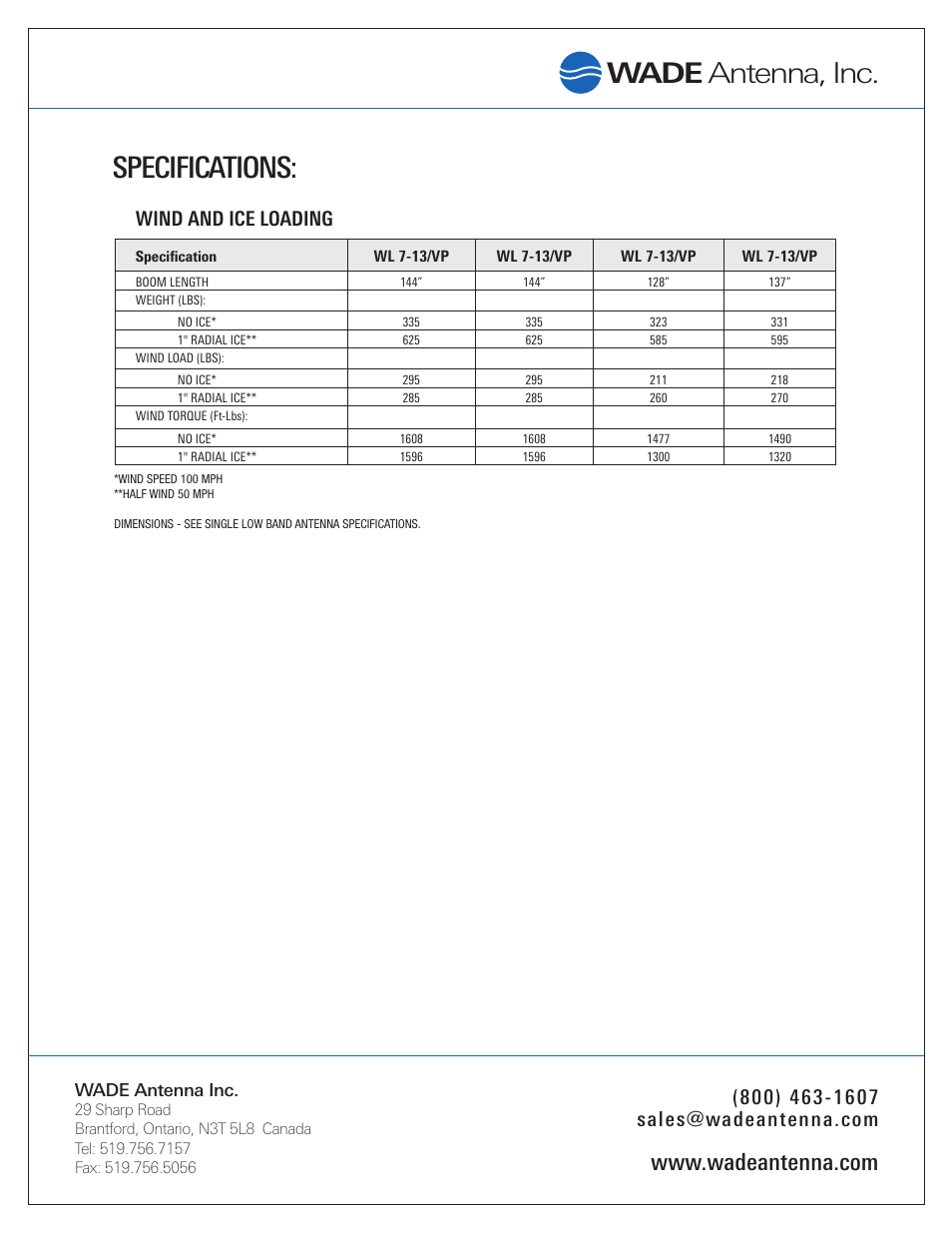 Specifications, Wade antenna, inc, Wind and ice loading | Wade Antenna WL6-FM_VP User Manual | Page 2 / 2