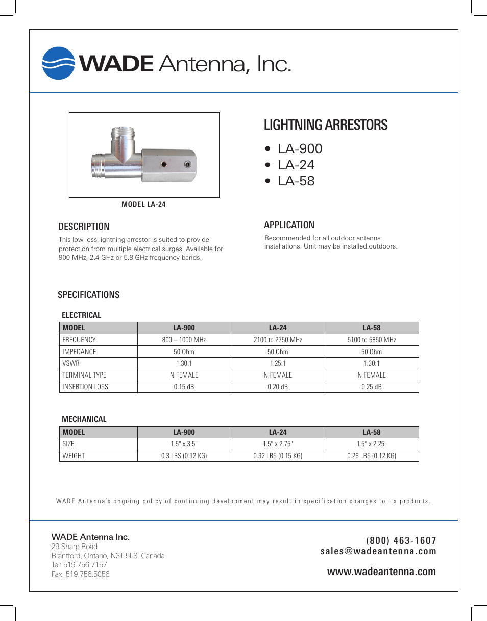 Wade Antenna LA-58 User Manual | 1 page