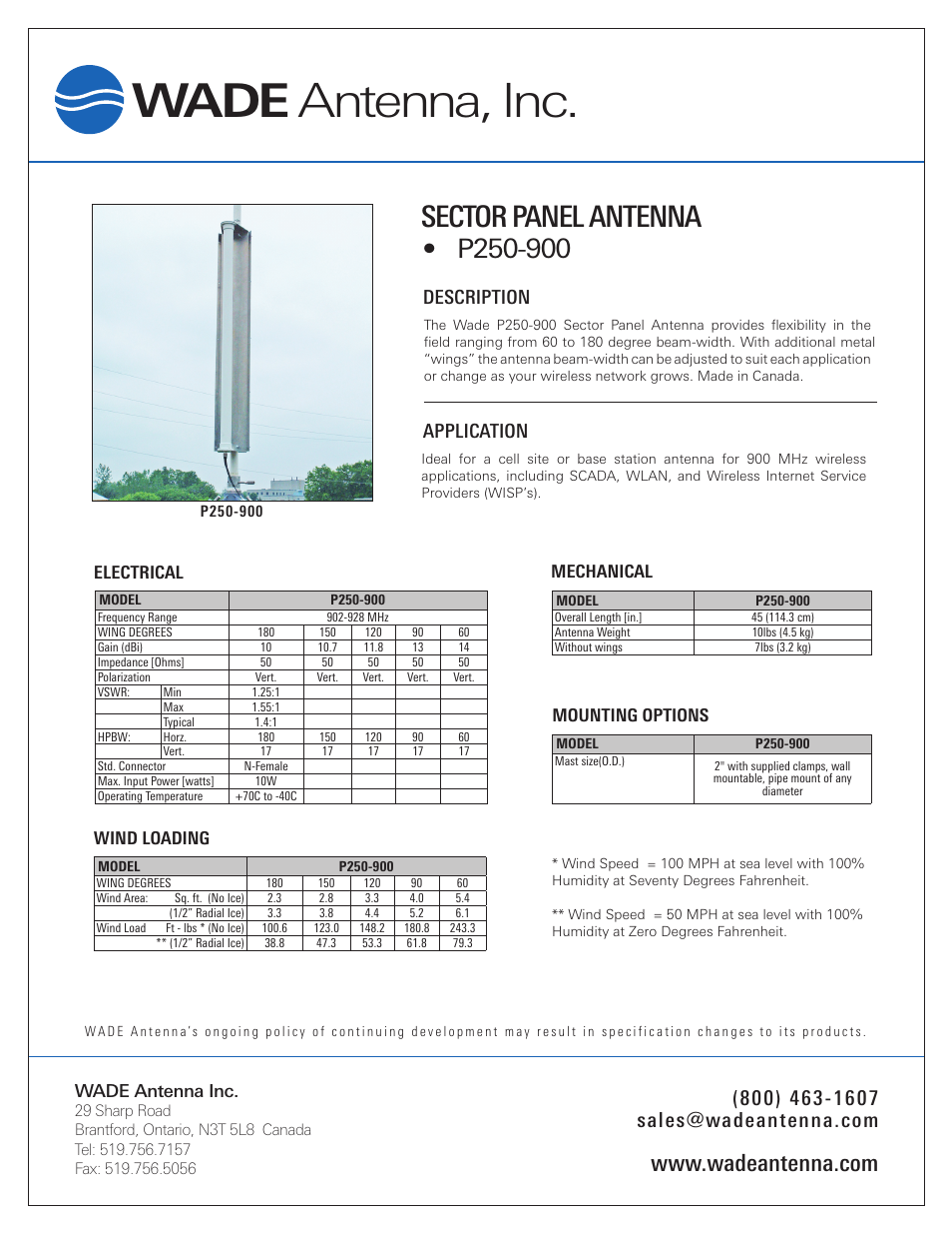 Wade Antenna P250-900 User Manual | 2 pages