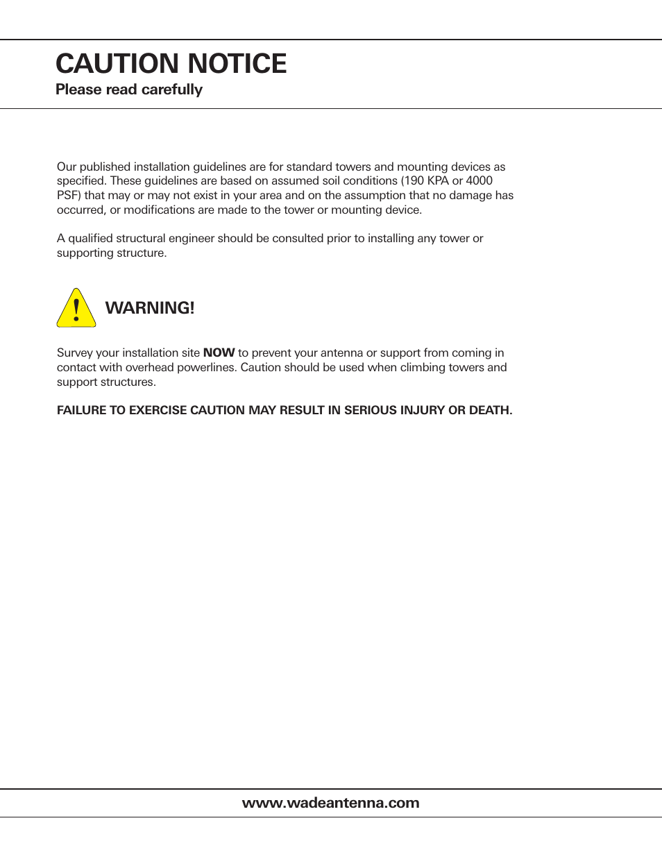 Caution notice | Wade Antenna Tripods & NPRMS User Manual | Page 2 / 2