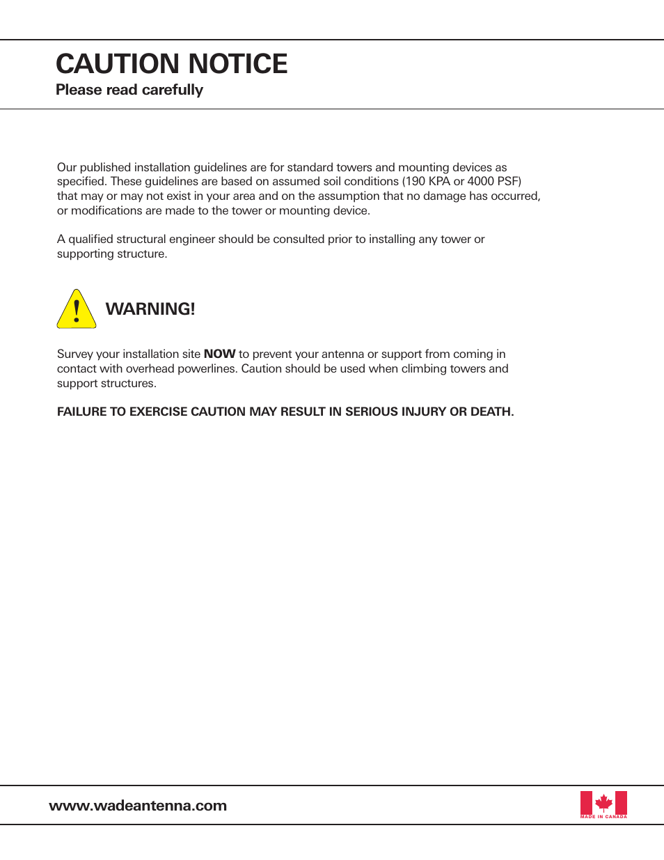 Caution notice | Wade Antenna Golden Nugget - Tubular Towers User Manual | Page 2 / 2