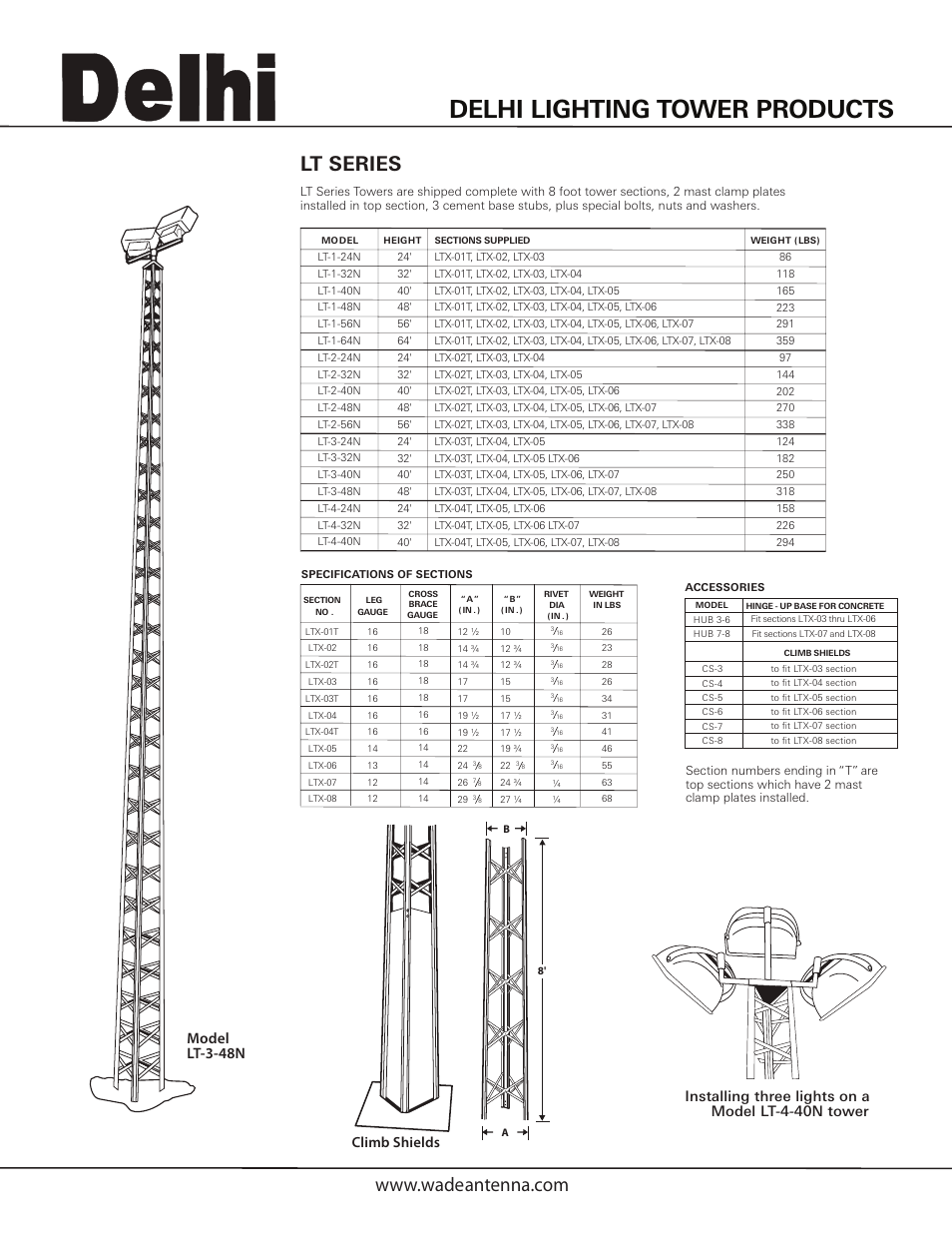 Delhi lighting tower products, Lt series, Model lt-3-48n | Installing three lights on a model lt-4-40n tower, Climb shields | Wade Antenna LT Series User Manual | Page 2 / 3