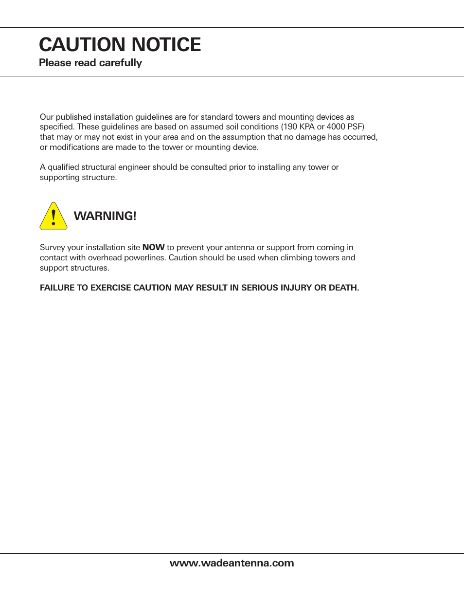 Caution notice | Wade Antenna DMX Bracketed Towers User Manual | Page 2 / 2