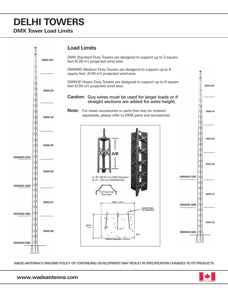 Delhi towers, Dmx tower load limits load limits | Wade Antenna DMX Standard User Manual | Page 2 / 4