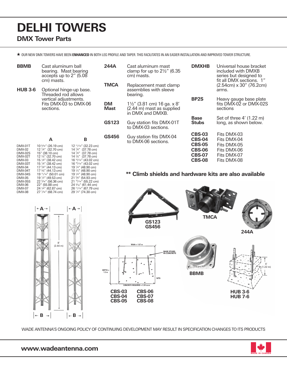 Delhi towers, Dmx tower parts, Climb shields and hardware kits are also available | Ab b a | Wade Antenna DMX Standard User Manual | Page 3 / 4