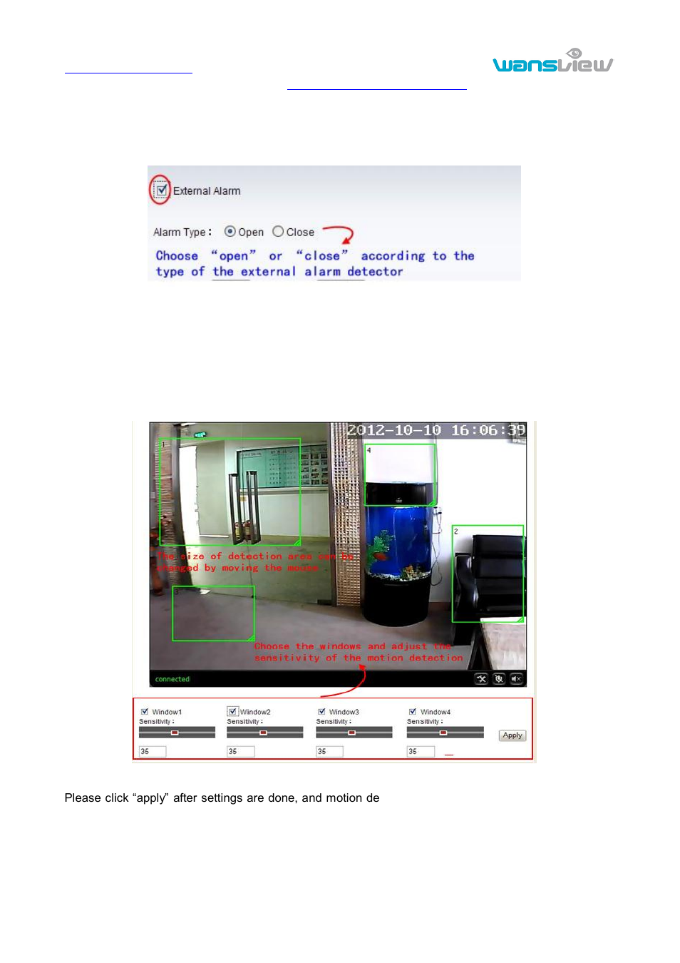 Larm setting, External alarm input, Motion detection setting | Alarm mode setting, Alarm setting | WansView NCH 537MW User Manual | Page 15 / 26