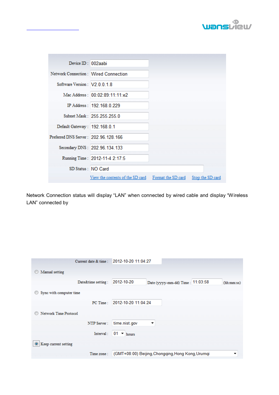 Ystem setting, Device information, Date and time setting | System setting | WansView NCH 537MW User Manual | Page 20 / 26