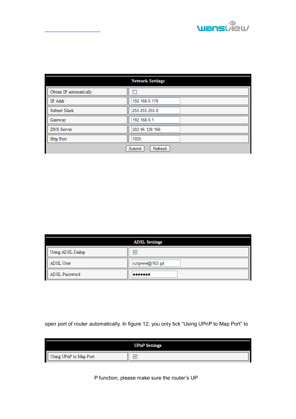 Etwork, Ettings, Basic network setting | Wifi setting, Adsl setting, Upnp setting, 2 network settings | WansView NCB546 User Manual | Page 13 / 27