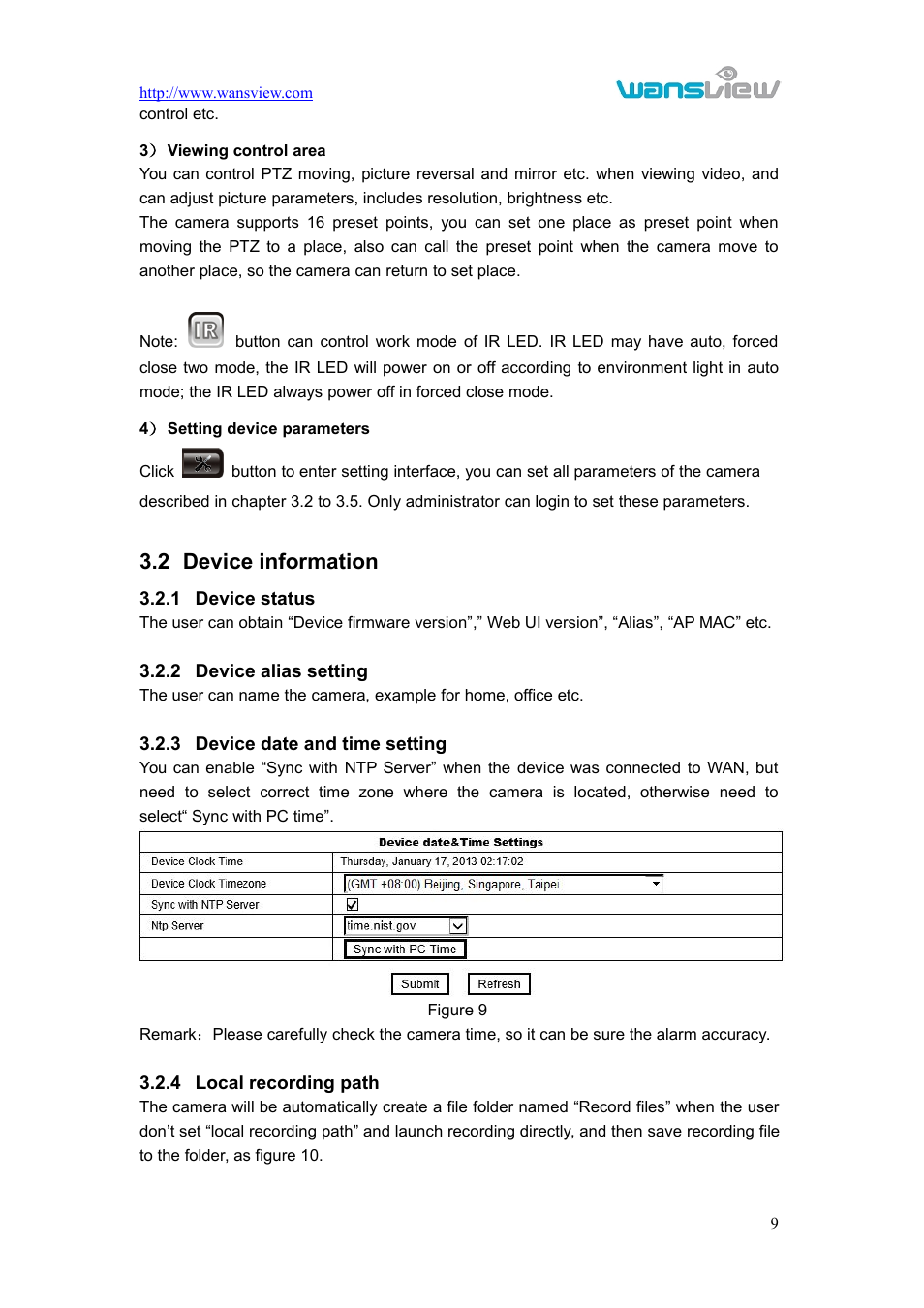 Deviceinformation, Devicestatus, Devicealiassetting | Devicedateandtimesetting, Localrecordingpath, Evice information, 2 device information | WansView NCL615W User Manual | Page 10 / 18