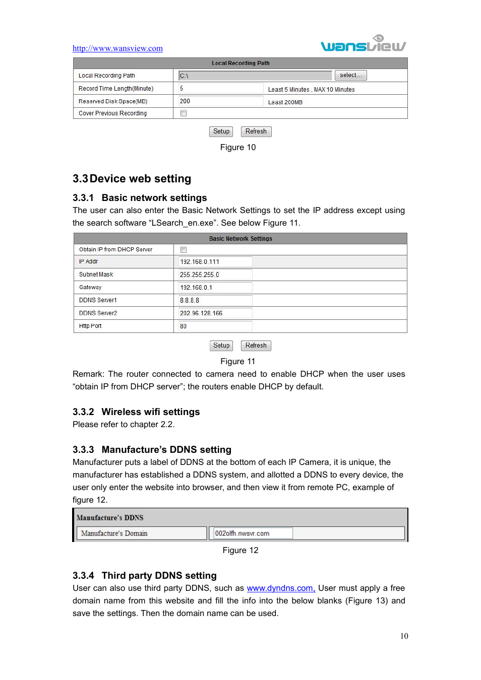 Devicewebsetting, Basicnetworksettings, Wirelesswifisettings | Manufacture’sddnssetting, Thirdpartyddnssetting, Evice web setting, 3device web setting | WansView NCL615W User Manual | Page 11 / 18